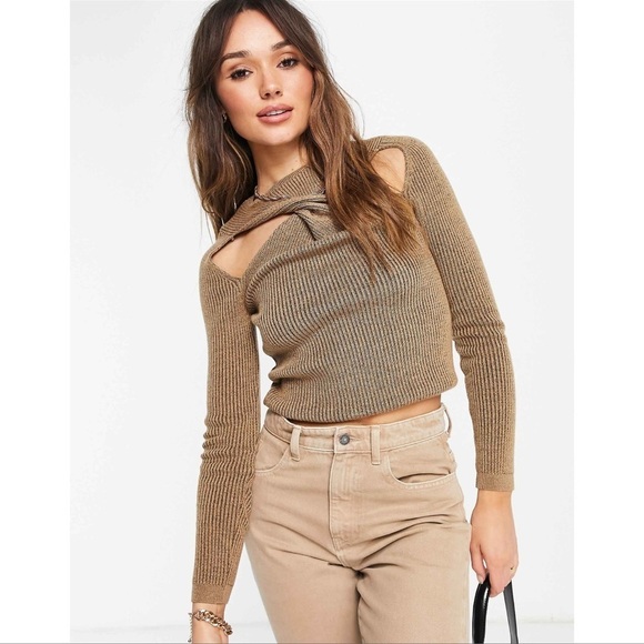 TOPSHOP Knit Twist Cut Out Sweater Top In Camel - Picture 1 of 7